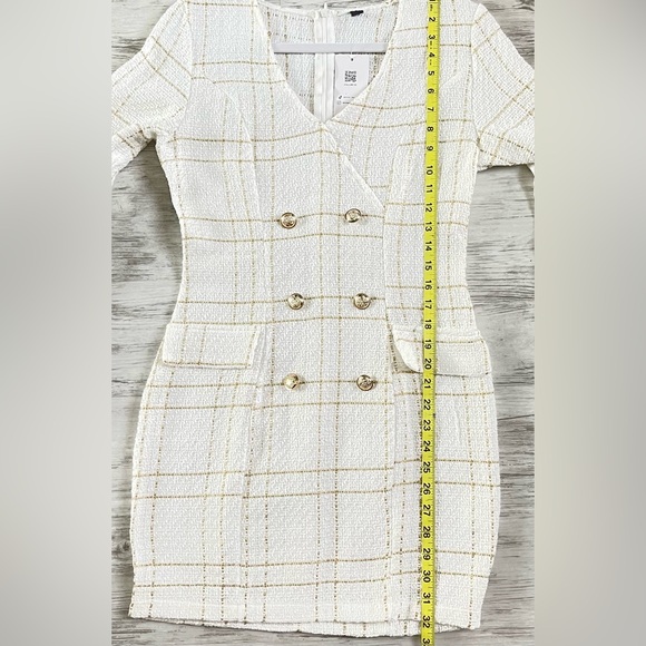 New  White Gold Tweed Dress Long Sleeve Ornamental Buttons Back Zip S - Picture 5 of 14
